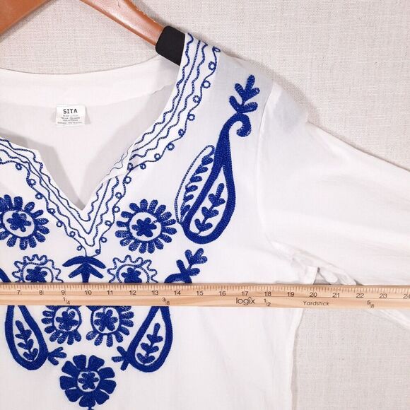 Sita Women's Floral Embroidered Tunic Size Small White 100% Cotton 3/4 Sleeve - Picture 11 of 13